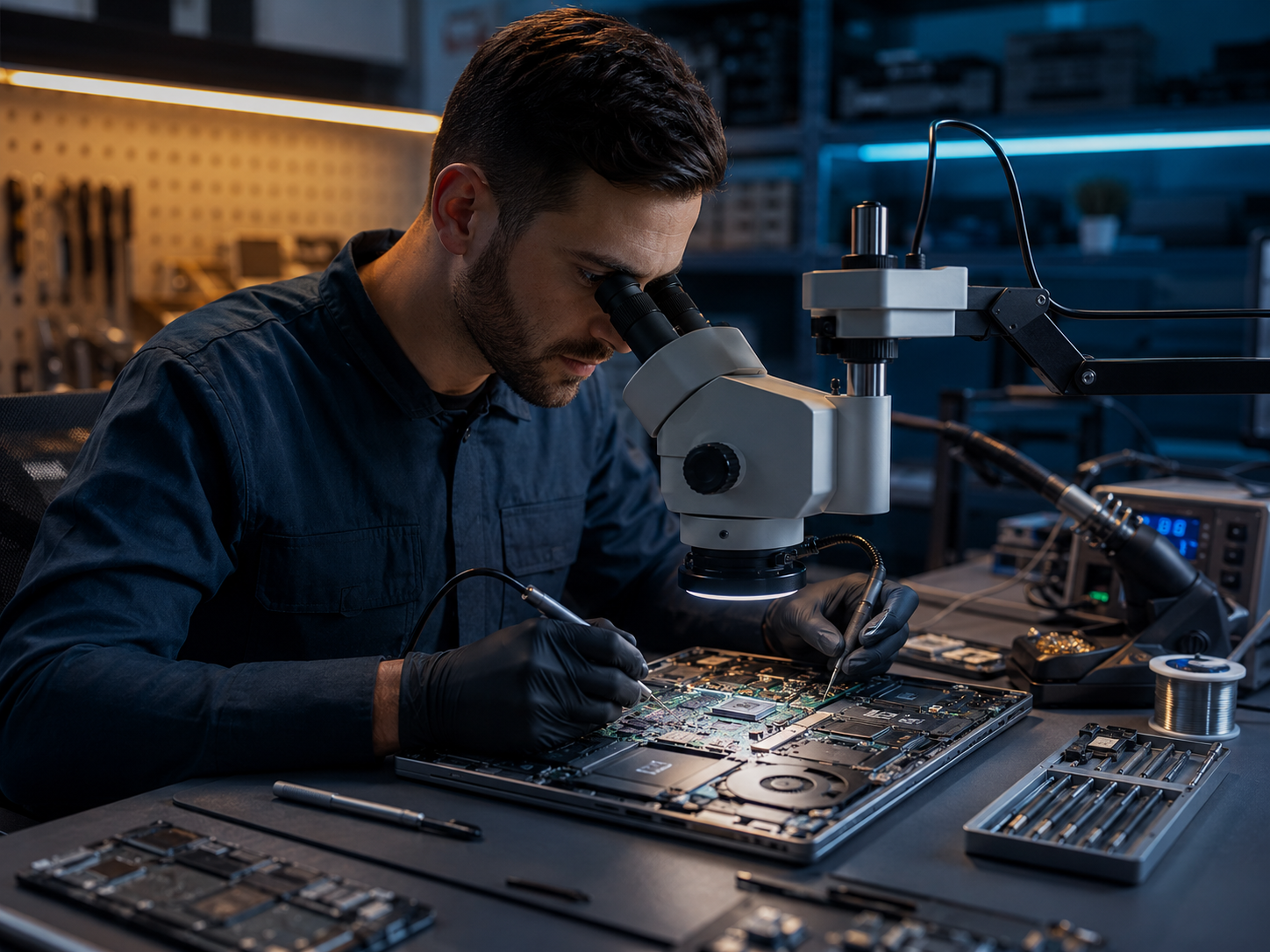 Technician performing motherboard repair under microscope