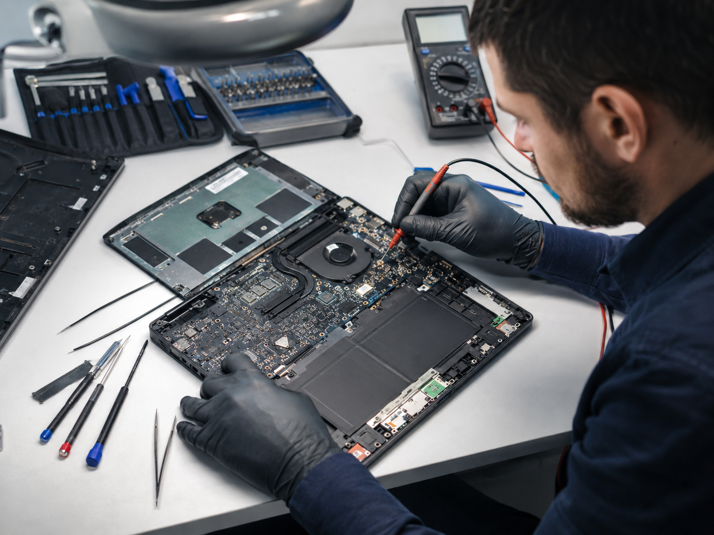 Technician diagnosing a disassembled laptop motherboard
