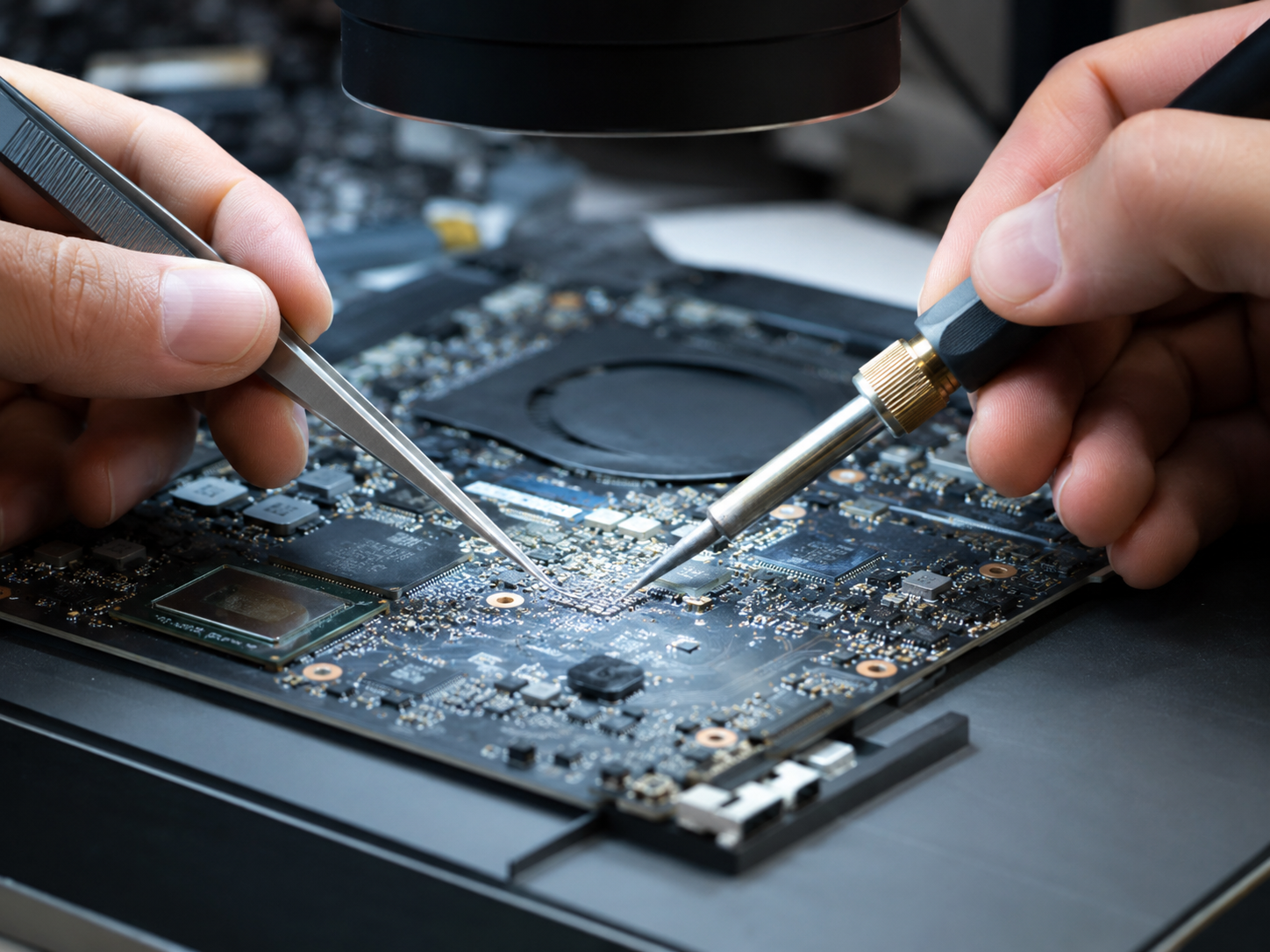Close-up of laptop motherboard microsoldering repair